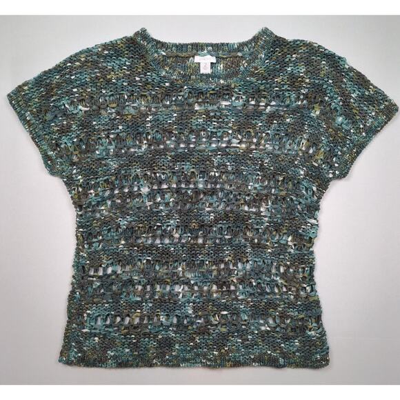 CHICO'S Crochet Top Green Brown White Short Sleeve Open Weave Size 2 (US 12) - Picture 1 of 5